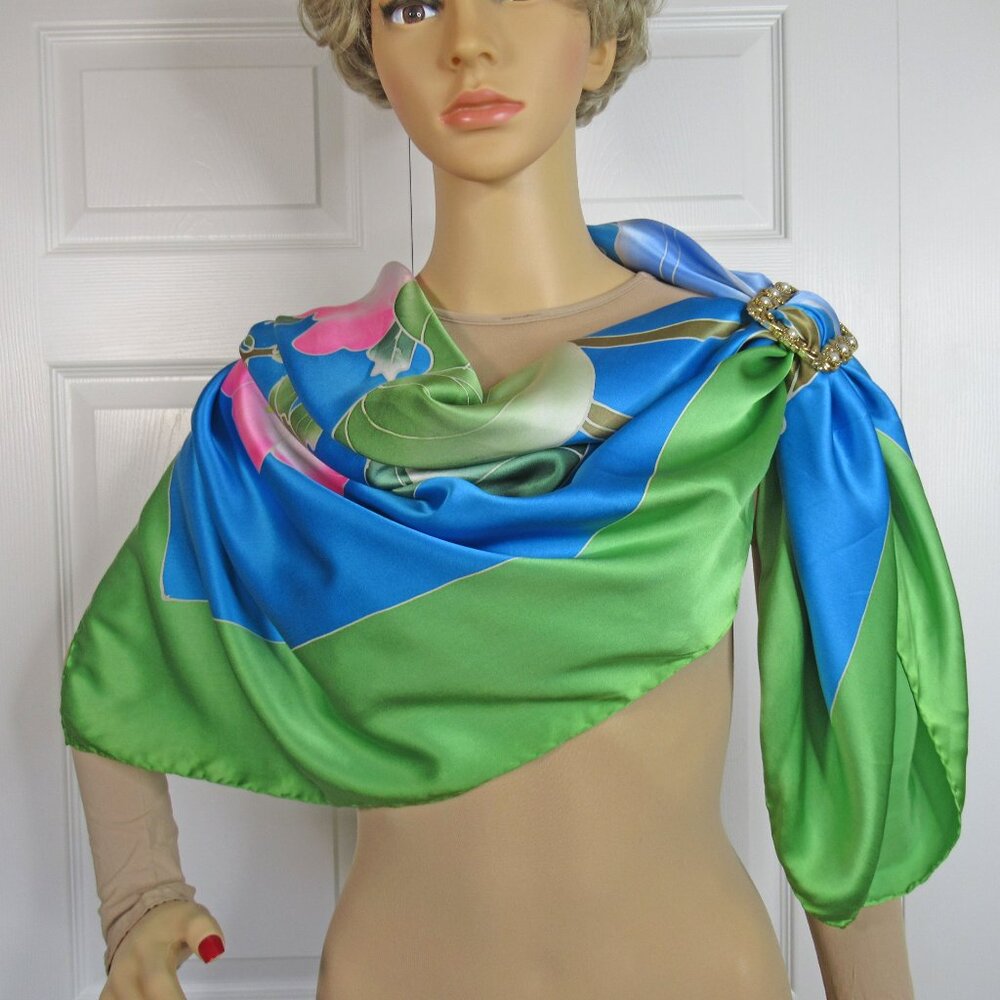 Tropical print 44 inch Scarf / Pareo / Shawl, Green, teal, pink blue floral - Picture 5 of 14